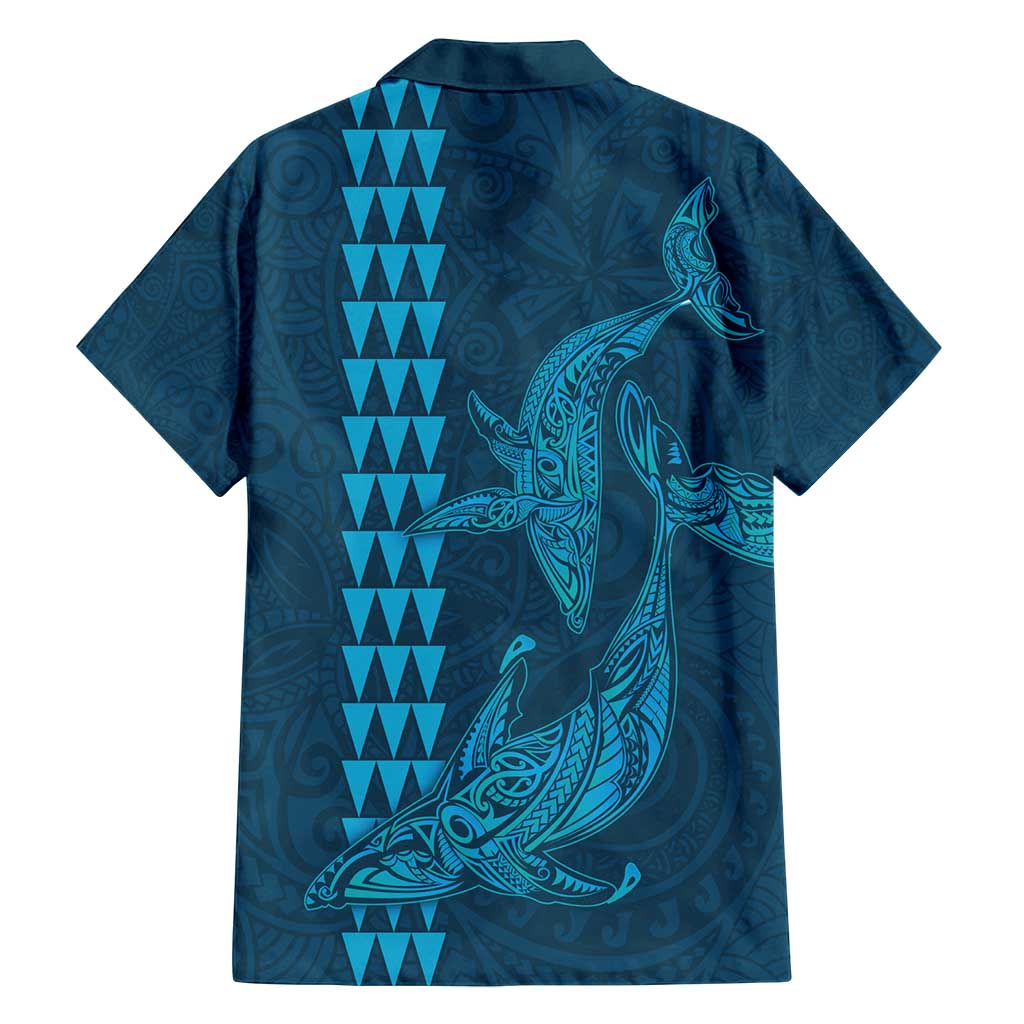Aloha Hawaii Whale Kakau and Polynesian Tattoo Family Matching Tank Maxi Dress and Hawaiian Shirt Light Blue Color