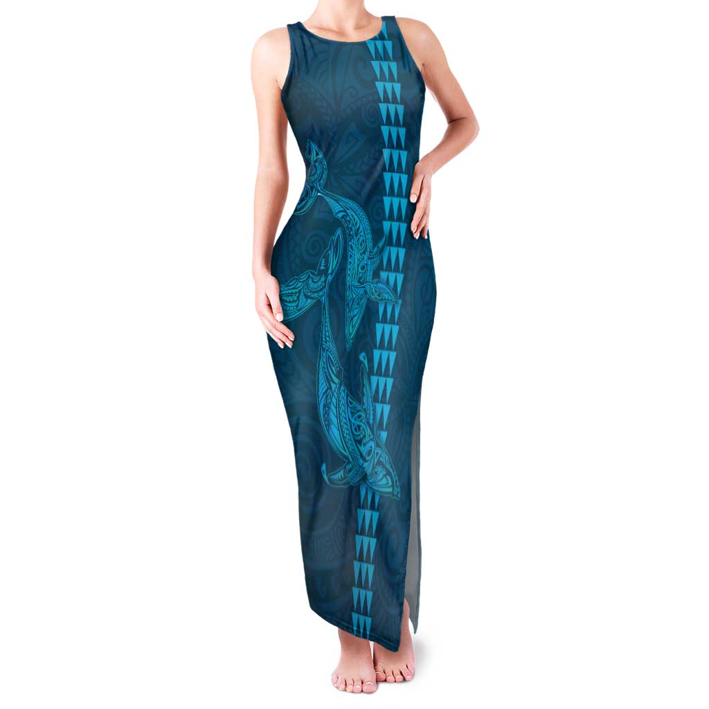 Aloha Hawaii Whale Kakau and Polynesian Tattoo Family Matching Tank Maxi Dress and Hawaiian Shirt Light Blue Color