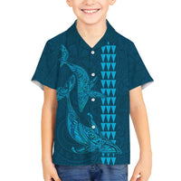 Aloha Hawaii Whale Kakau and Polynesian Tattoo Family Matching Tank Maxi Dress and Hawaiian Shirt Light Blue Color