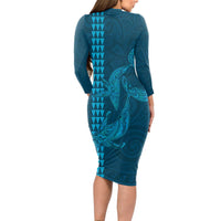 Aloha Hawaii Whale Kakau and Polynesian Tattoo Long Sleeve Bodycon Dress Light Blue Color