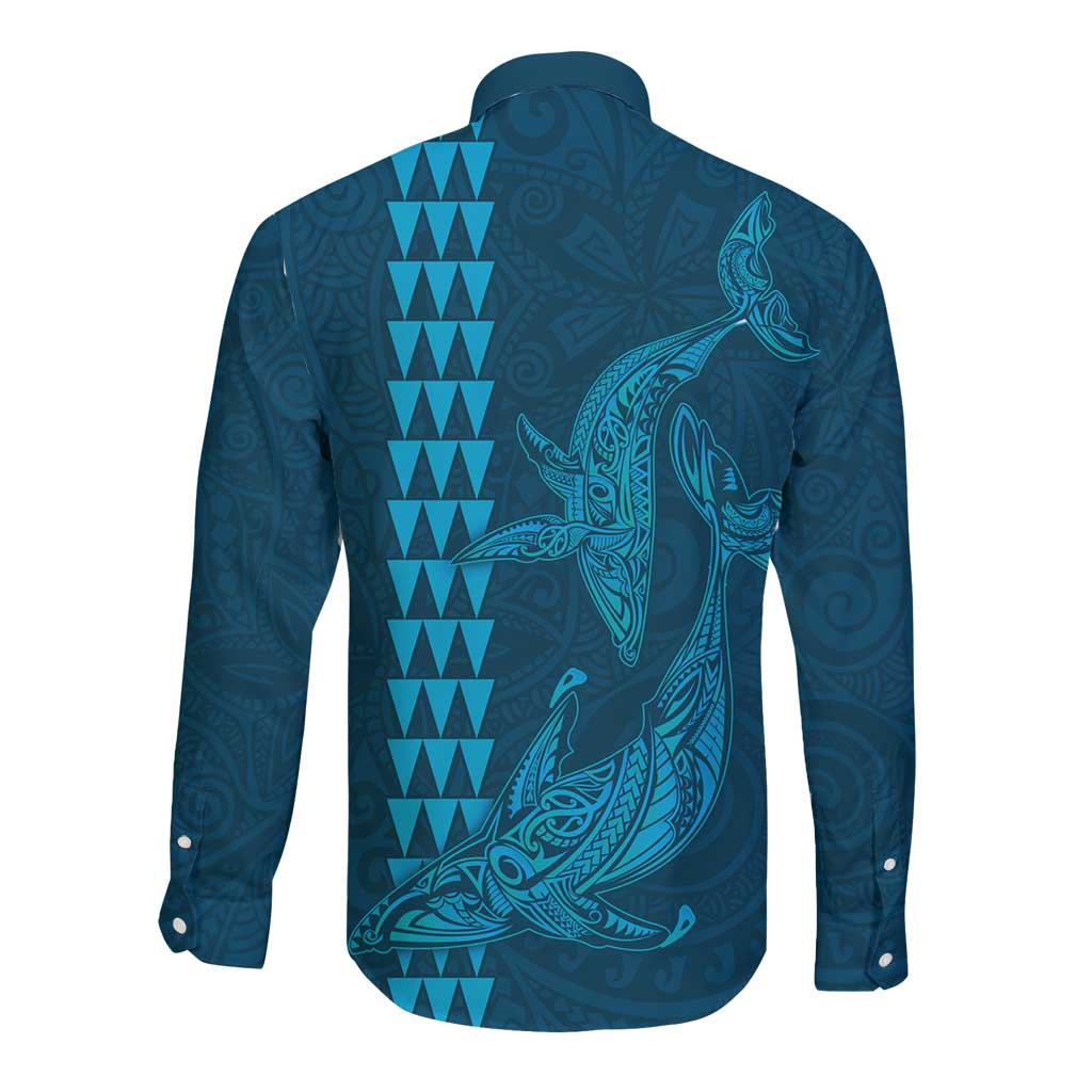 Aloha Hawaii Whale Kakau and Polynesian Tattoo Long Sleeve Button Shirt Light Blue Color