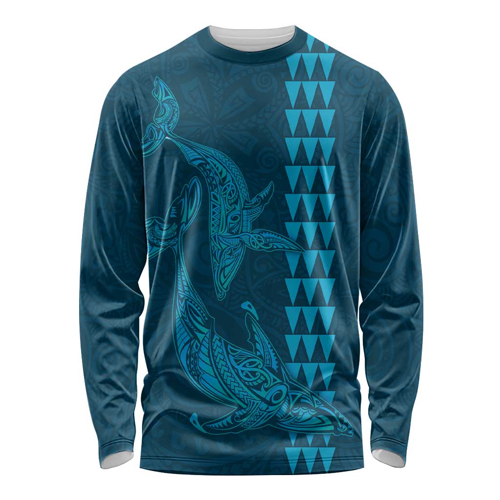 Aloha Hawaii Whale Kakau and Polynesian Tattoo Long Sleeve Shirt Light Blue Color