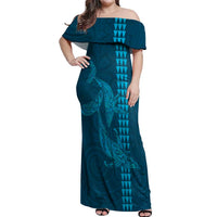 Aloha Hawaii Whale Kakau and Polynesian Tattoo Off Shoulder Maxi Dress Light Blue Color