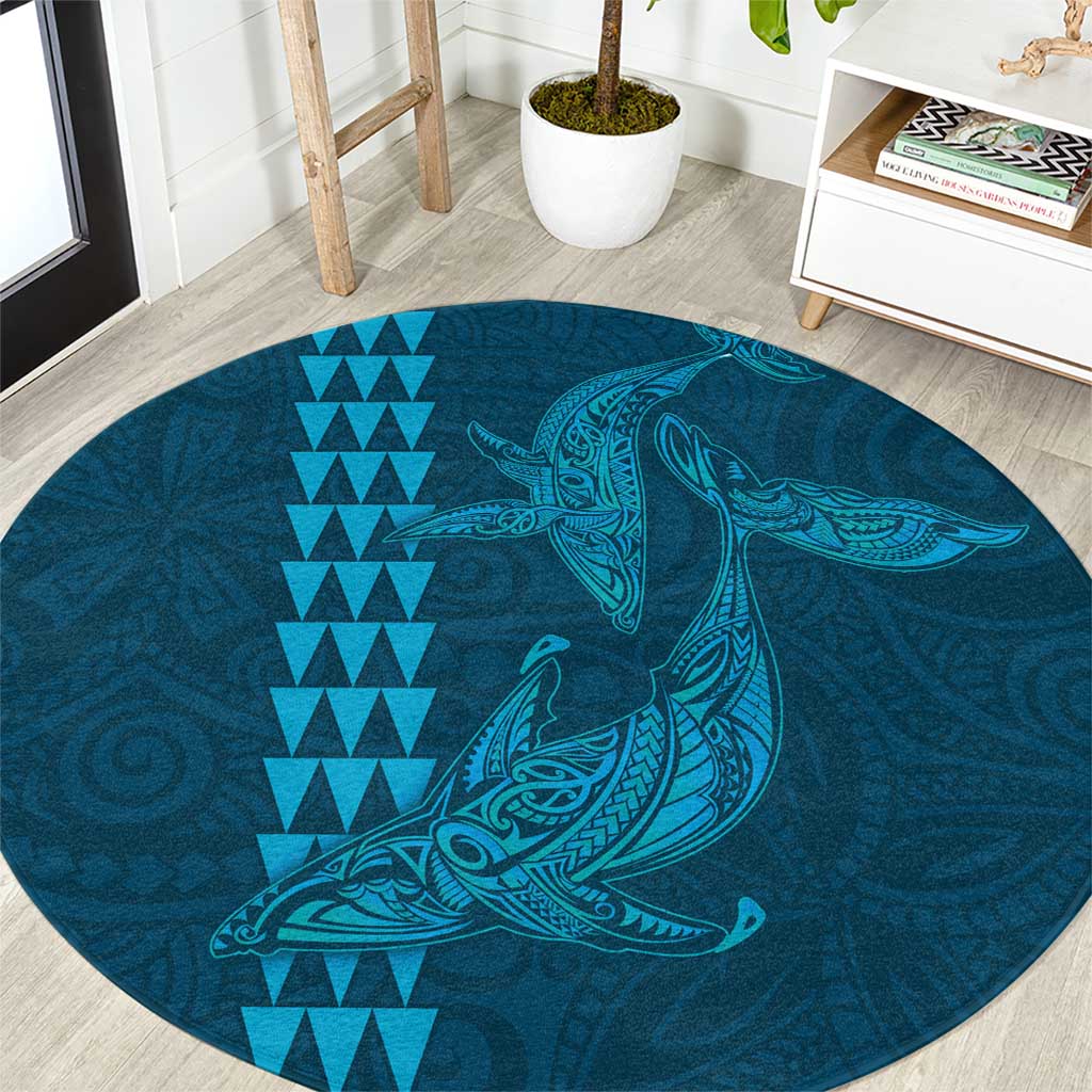 Aloha Hawaii Whale Kakau and Polynesian Tattoo Round Carpet Light Blue Color