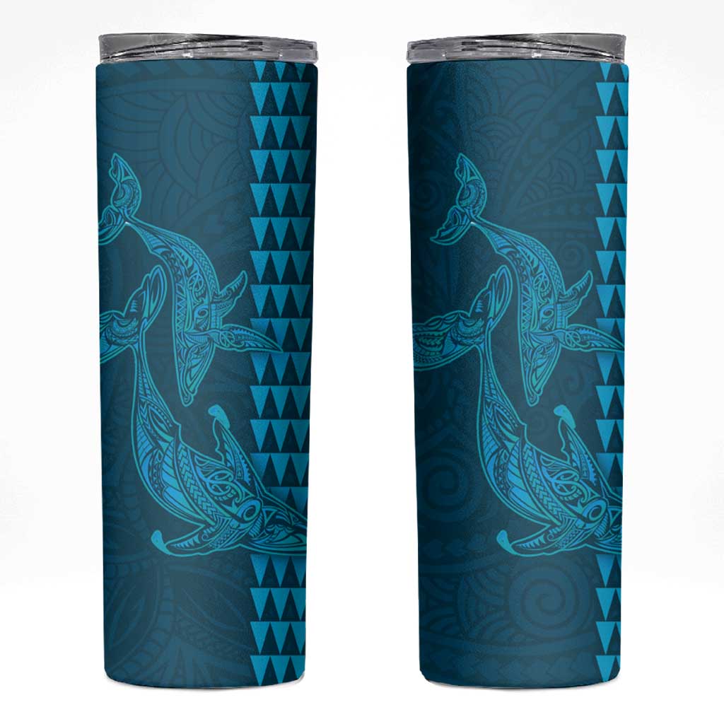 Aloha Hawaii Whale Kakau and Polynesian Tattoo Skinny Tumbler Light Blue Color