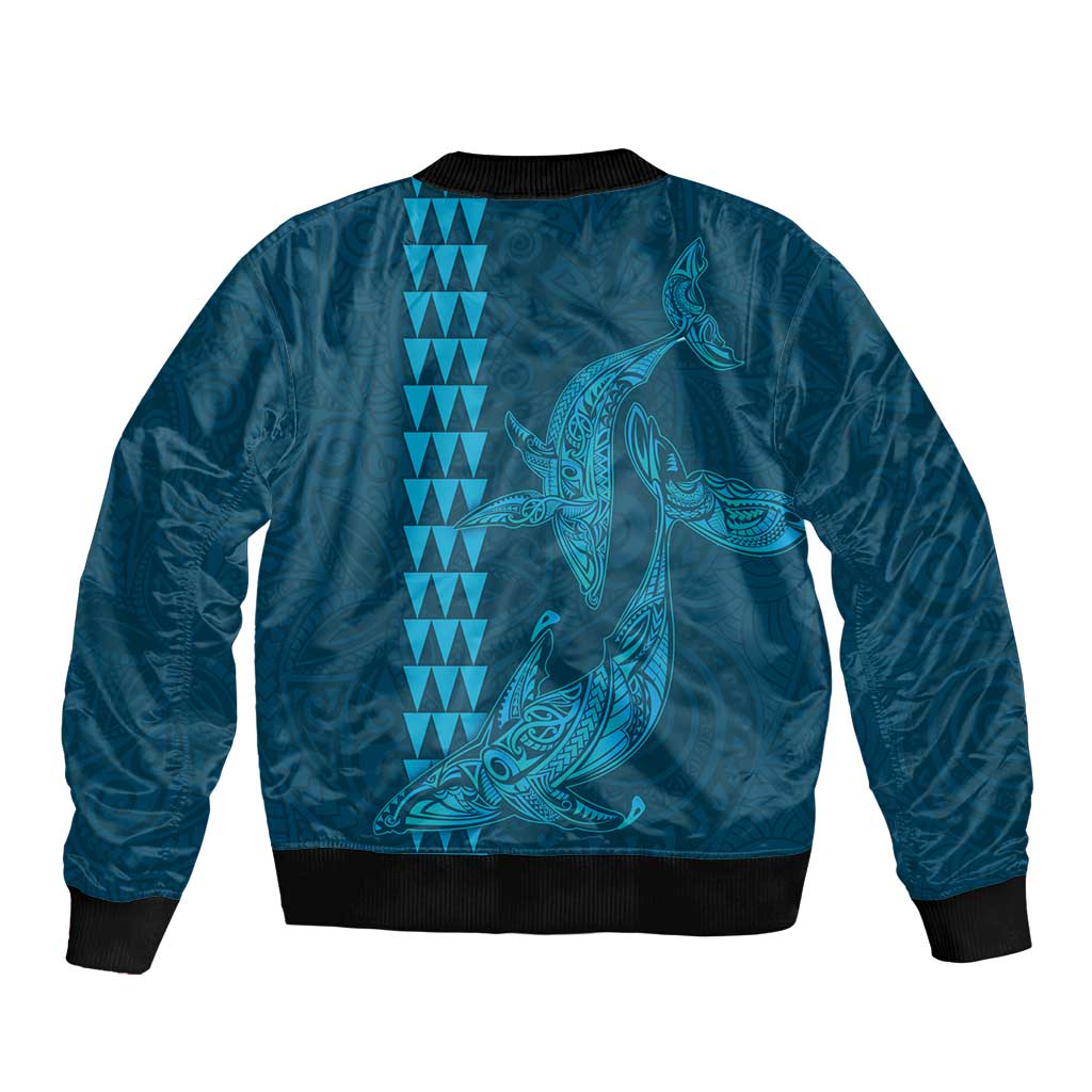Aloha Hawaii Whale Kakau and Polynesian Tattoo Sleeve Zip Bomber Jacket Light Blue Color