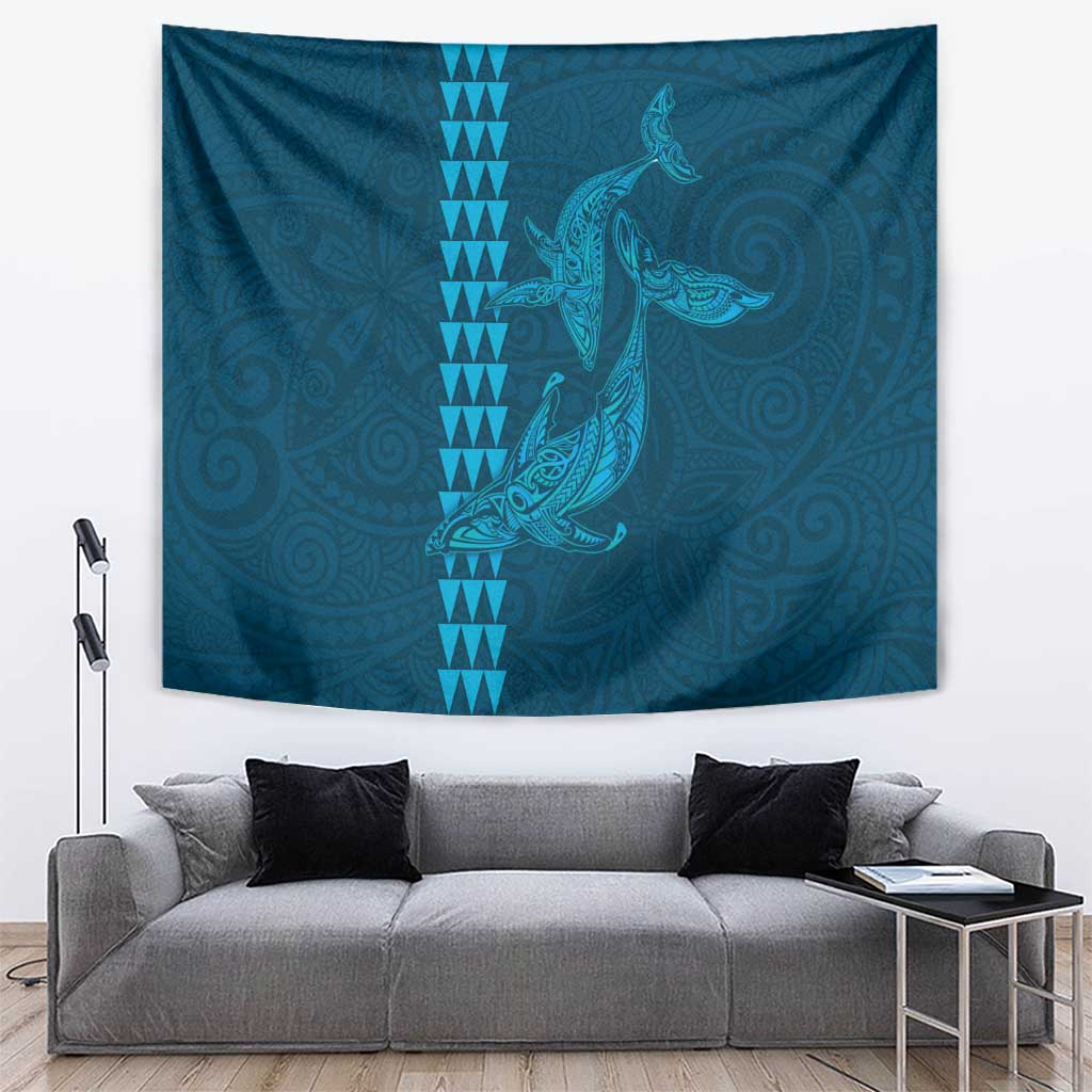 Aloha Hawaii Whale Kakau and Polynesian Tattoo Tapestry Light Blue Color