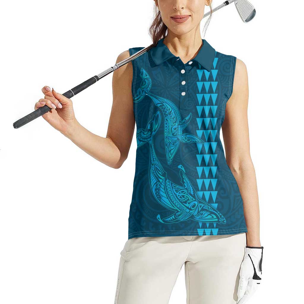 Aloha Hawaii Whale Kakau and Polynesian Tattoo Women Sleeveless Polo Shirt Light Blue Color