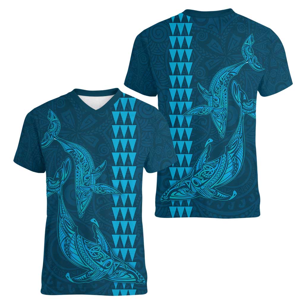 Aloha Hawaii Whale Kakau and Polynesian Tattoo Women V-Neck T-Shirt Light Blue Color