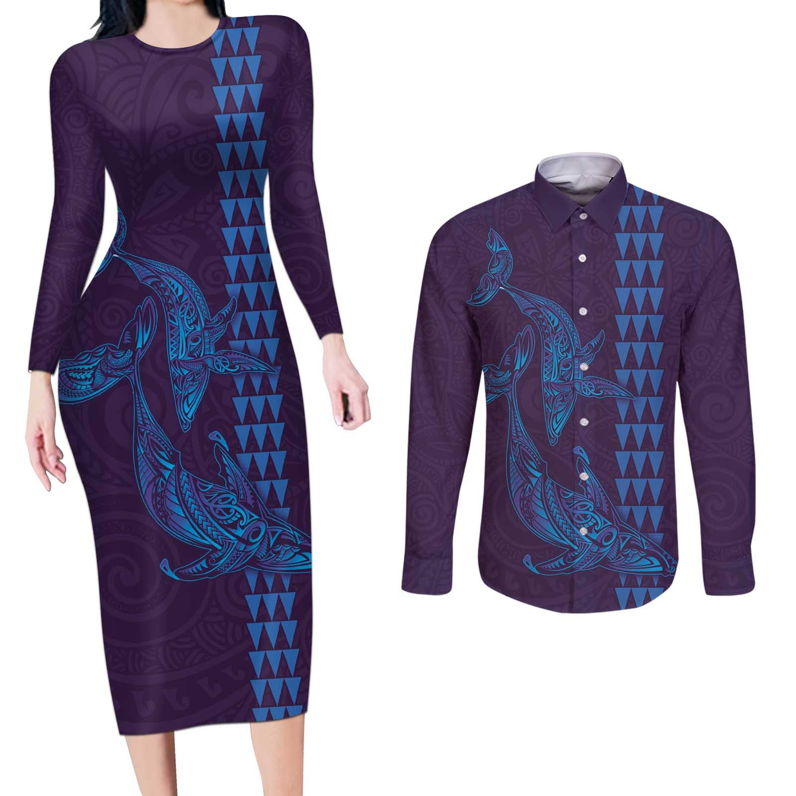 Aloha Hawaii Whale Kakau and Polynesian Tattoo Couples Matching Long Sleeve Bodycon Dress and Long Sleeve Button Shirt Purple Color LT03 Purple - Polynesian Pride