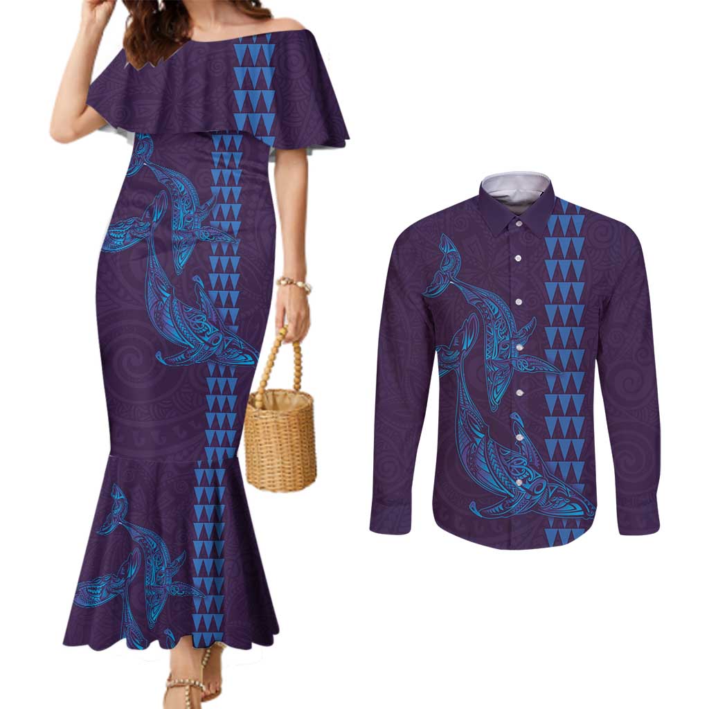 Aloha Hawaii Whale Kakau and Polynesian Tattoo Couples Matching Mermaid Dress and Long Sleeve Button Shirt Purple Color LT03 Purple - Polynesian Pride