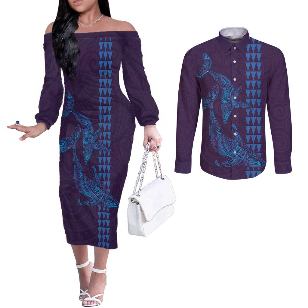 Aloha Hawaii Whale Kakau and Polynesian Tattoo Couples Matching Off The Shoulder Long Sleeve Dress and Long Sleeve Button Shirt Purple Color LT03 Purple - Polynesian Pride