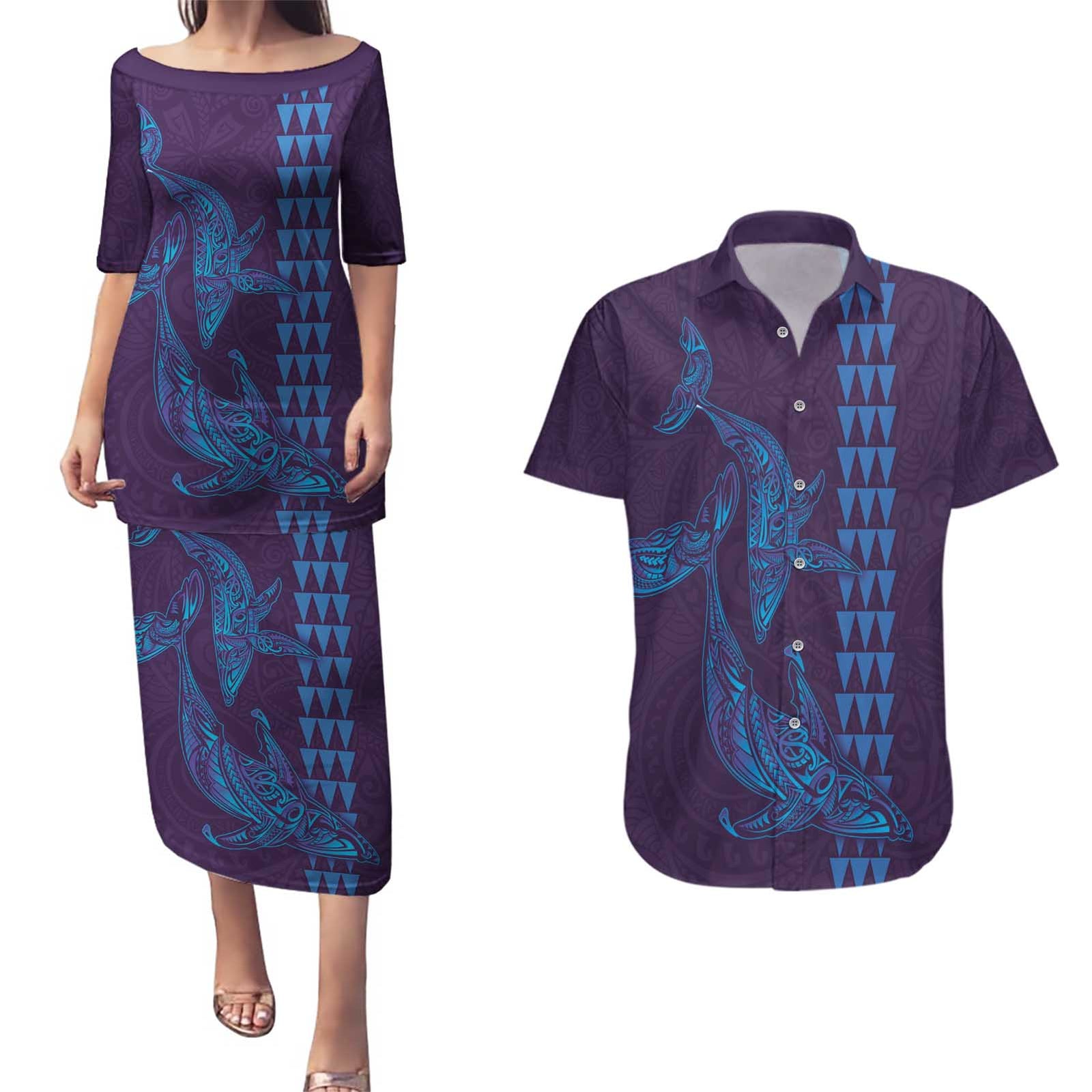 Aloha Hawaii Whale Kakau and Polynesian Tattoo Couples Matching Puletasi and Hawaiian Shirt Purple Color LT03 Purple - Polynesian Pride