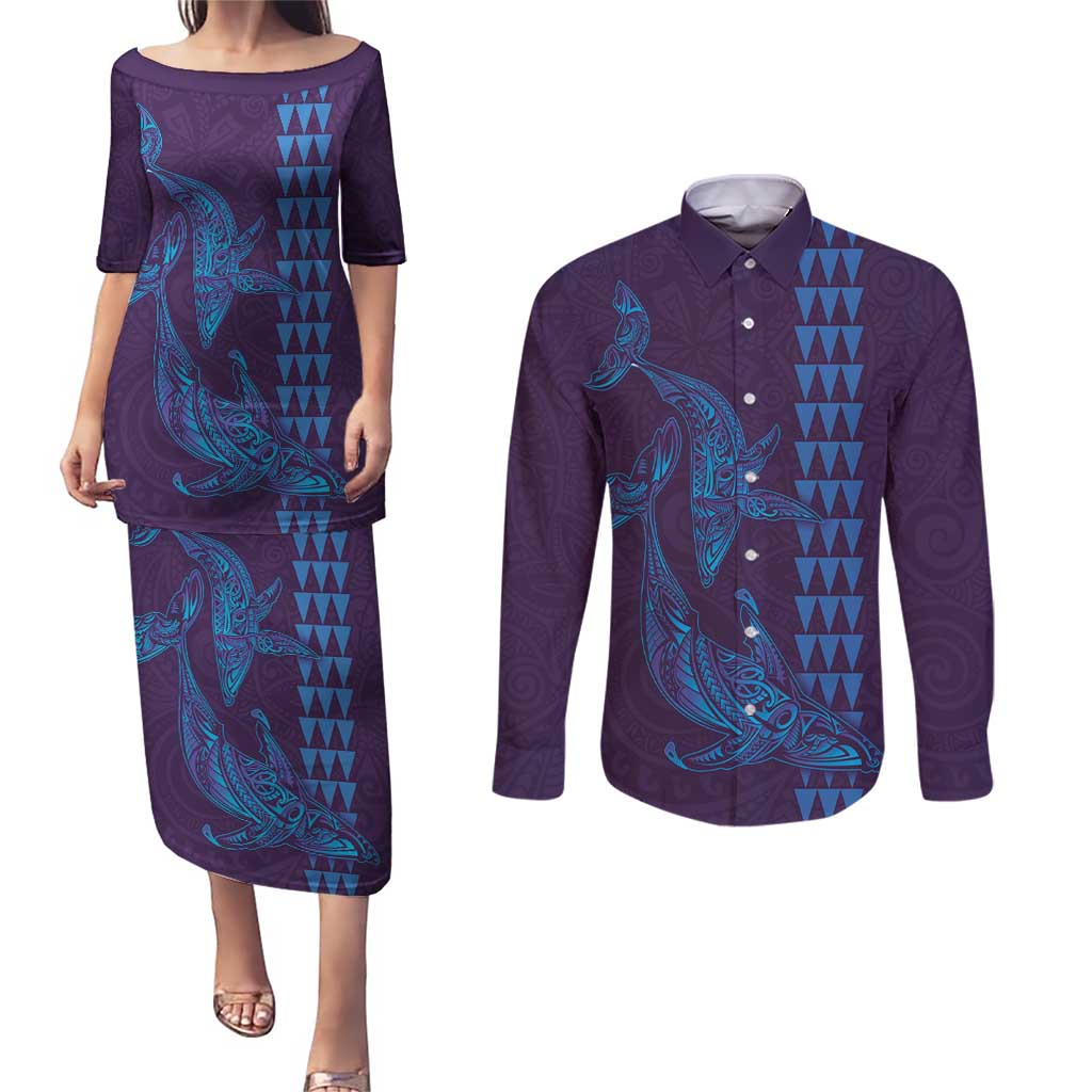 Aloha Hawaii Whale Kakau and Polynesian Tattoo Couples Matching Puletasi and Long Sleeve Button Shirt Purple Color