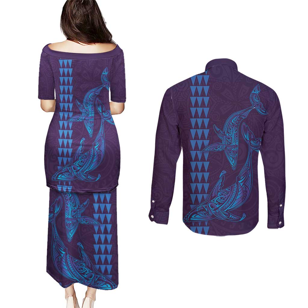 Aloha Hawaii Whale Kakau and Polynesian Tattoo Couples Matching Puletasi and Long Sleeve Button Shirt Purple Color