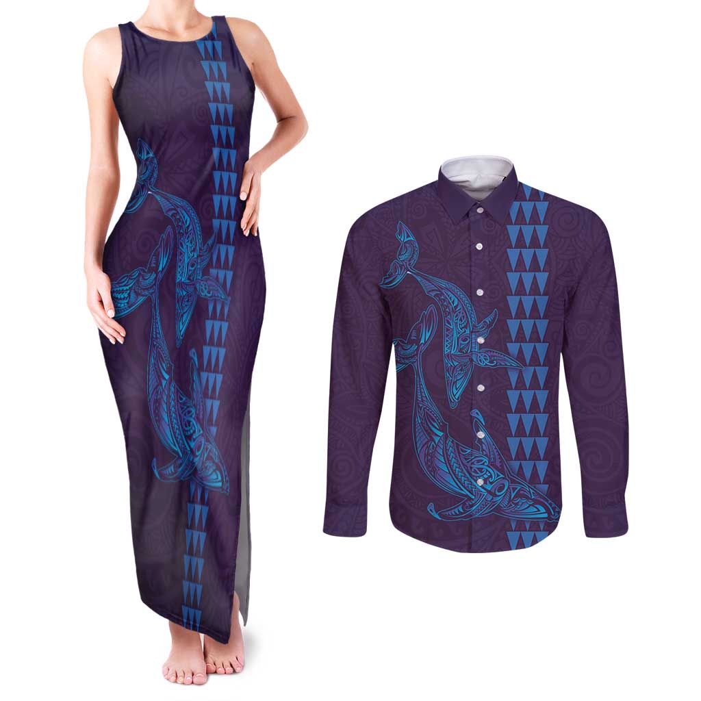 Aloha Hawaii Whale Kakau and Polynesian Tattoo Couples Matching Tank Maxi Dress and Long Sleeve Button Shirt Purple Color