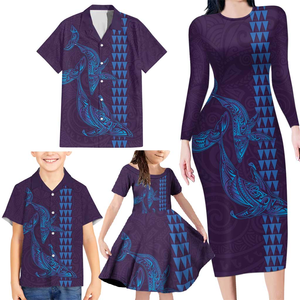 Aloha Hawaii Whale Kakau and Polynesian Tattoo Family Matching Long Sleeve Bodycon Dress and Hawaiian Shirt Purple Color