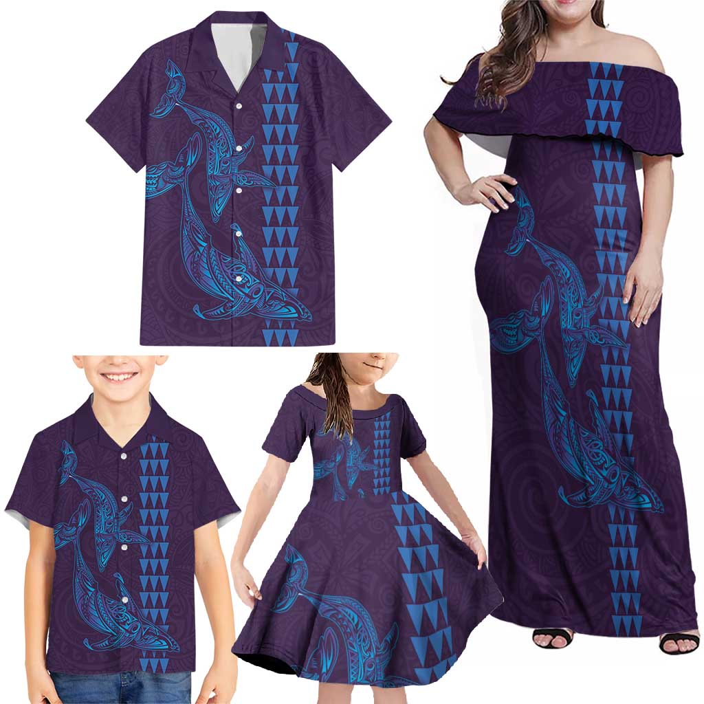 Aloha Hawaii Whale Kakau and Polynesian Tattoo Family Matching Off Shoulder Maxi Dress and Hawaiian Shirt Purple Color LT03 - Polynesian Pride