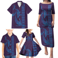 Aloha Hawaii Whale Kakau and Polynesian Tattoo Family Matching Puletasi and Hawaiian Shirt Purple Color