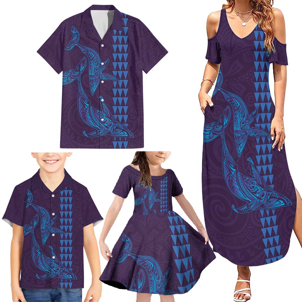 Aloha Hawaii Whale Kakau and Polynesian Tattoo Family Matching Summer Maxi Dress and Hawaiian Shirt Purple Color