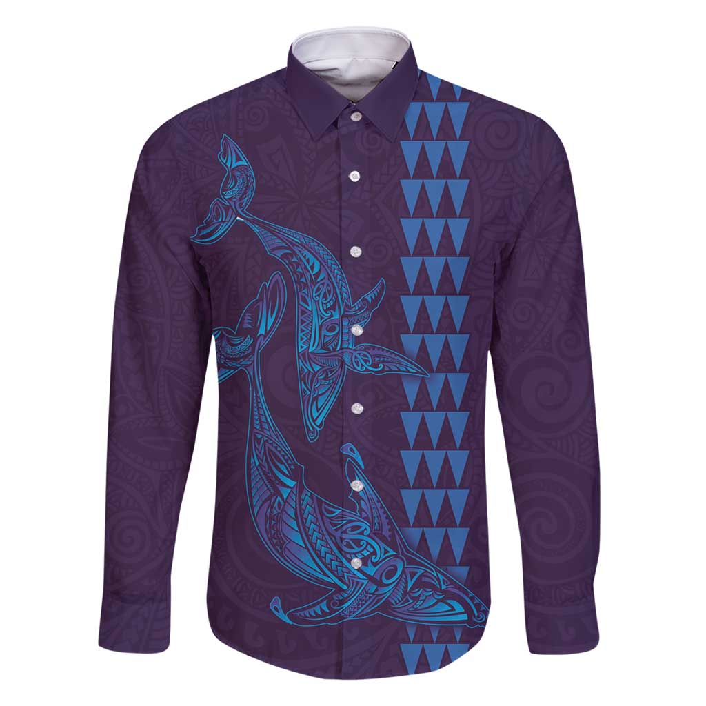 Aloha Hawaii Whale Kakau and Polynesian Tattoo Family Matching Tank Maxi Dress and Hawaiian Shirt Purple Color