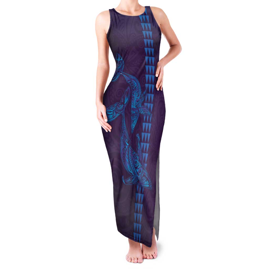 Aloha Hawaii Whale Kakau and Polynesian Tattoo Family Matching Tank Maxi Dress and Hawaiian Shirt Purple Color