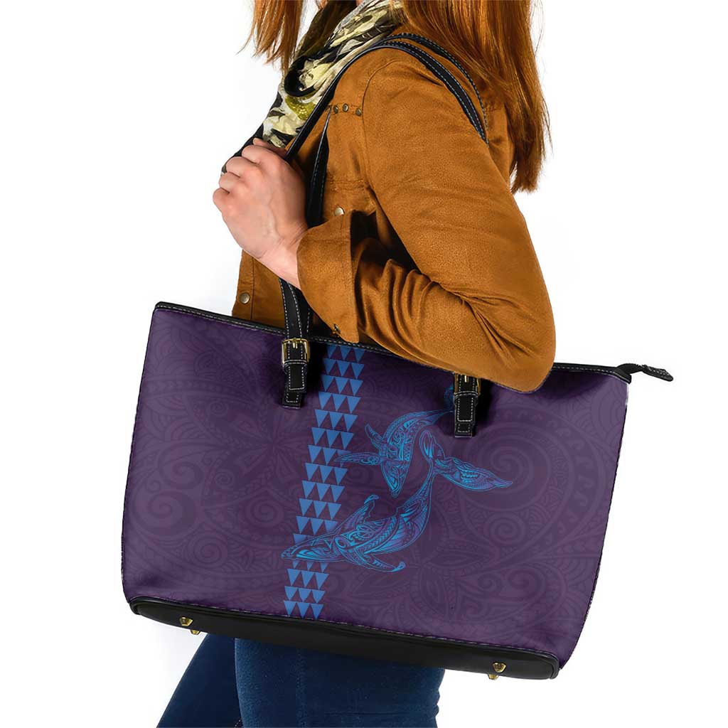 Aloha Hawaii Whale Kakau and Polynesian Tattoo Leather Tote Bag Purple Color LT03 Purple - Polynesian Pride
