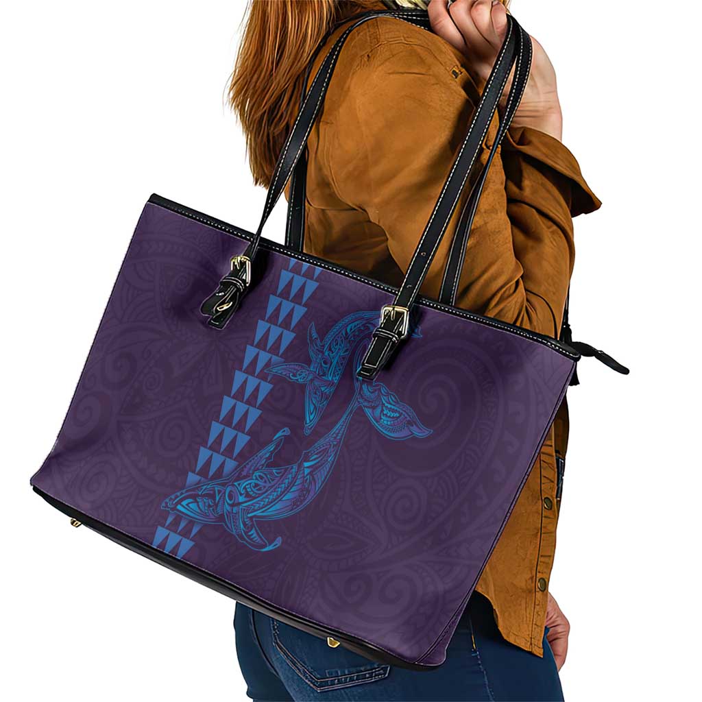 Aloha Hawaii Whale Kakau and Polynesian Tattoo Leather Tote Bag Purple Color LT03 - Polynesian Pride