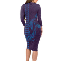 Aloha Hawaii Whale Kakau and Polynesian Tattoo Long Sleeve Bodycon Dress Purple Color