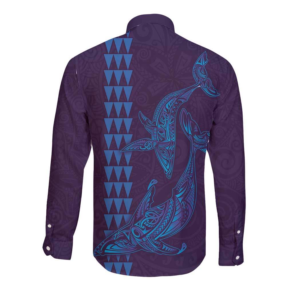 Aloha Hawaii Whale Kakau and Polynesian Tattoo Long Sleeve Button Shirt Purple Color