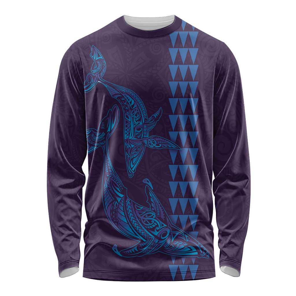 Aloha Hawaii Whale Kakau and Polynesian Tattoo Long Sleeve Shirt Purple Color