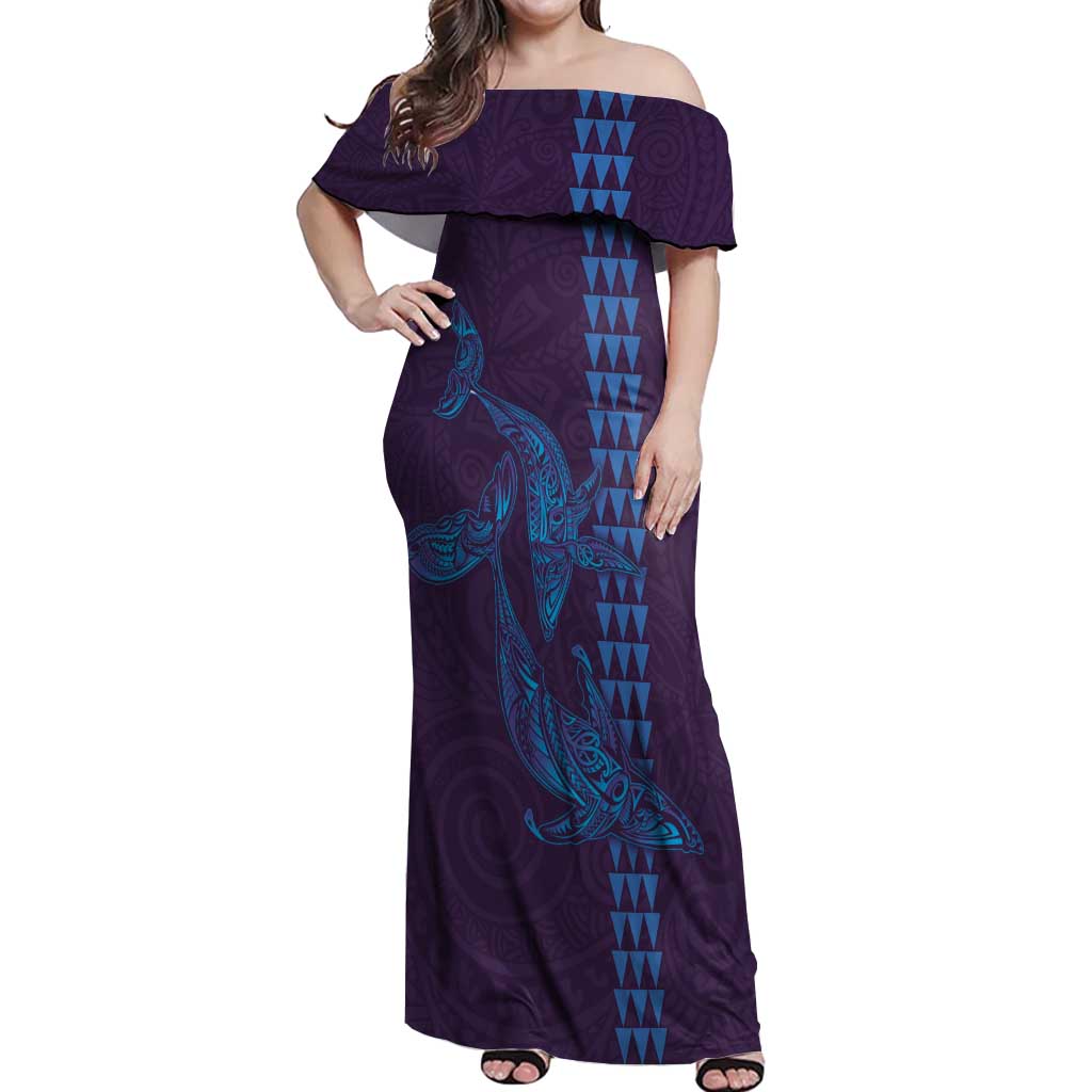 Aloha Hawaii Whale Kakau and Polynesian Tattoo Off Shoulder Maxi Dress Purple Color