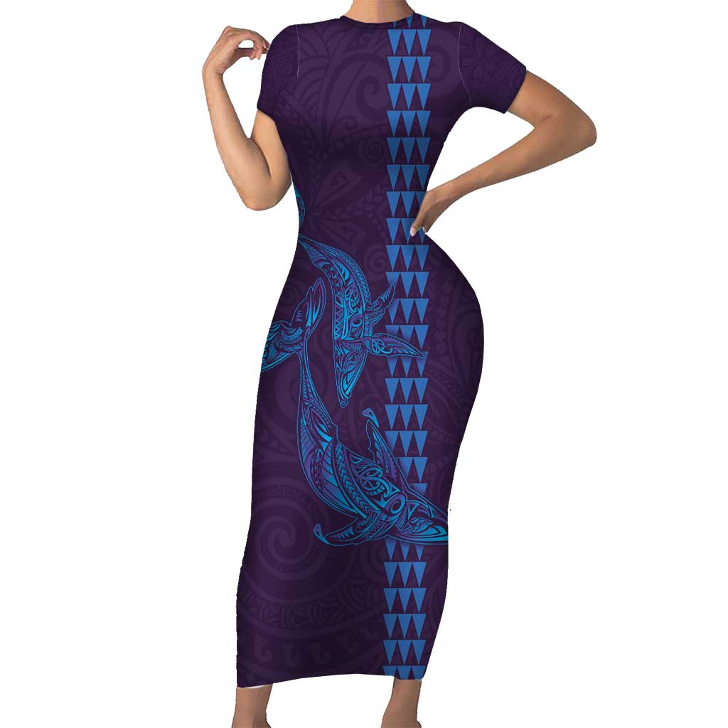 Aloha Hawaii Whale Kakau and Polynesian Tattoo Short Sleeve Bodycon Dress Purple Color