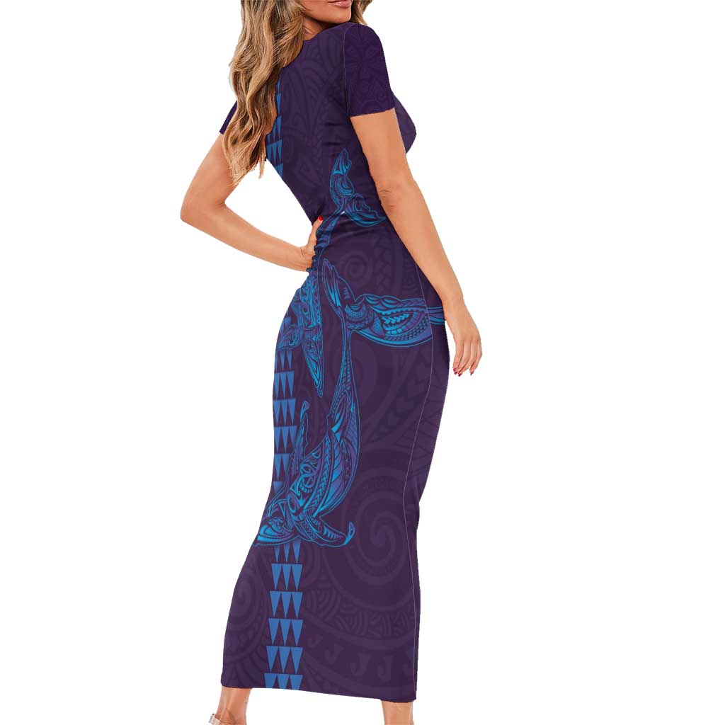 Aloha Hawaii Whale Kakau and Polynesian Tattoo Short Sleeve Bodycon Dress Purple Color