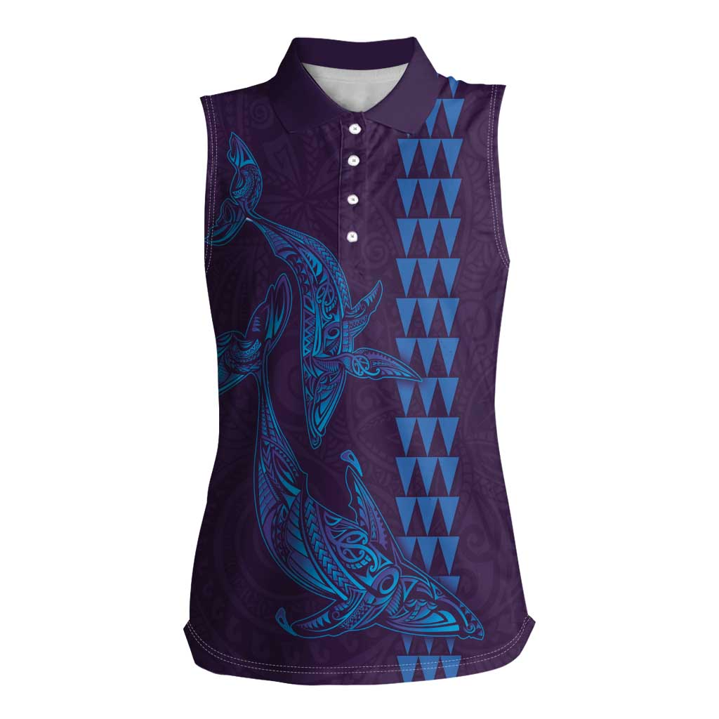 Aloha Hawaii Whale Kakau and Polynesian Tattoo Women Sleeveless Polo Shirt Purple Color