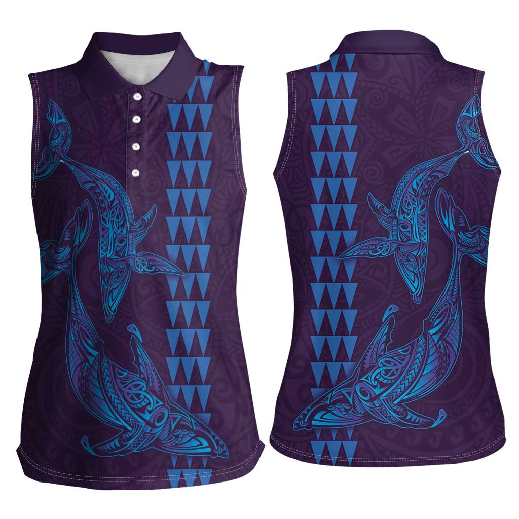 Aloha Hawaii Whale Kakau and Polynesian Tattoo Women Sleeveless Polo Shirt Purple Color