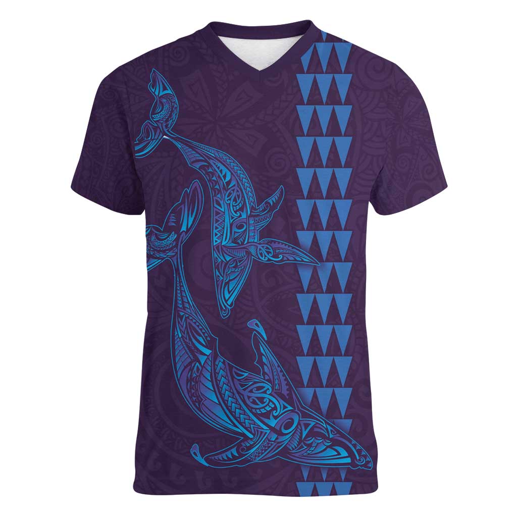 Aloha Hawaii Whale Kakau and Polynesian Tattoo Women V-Neck T-Shirt Purple Color