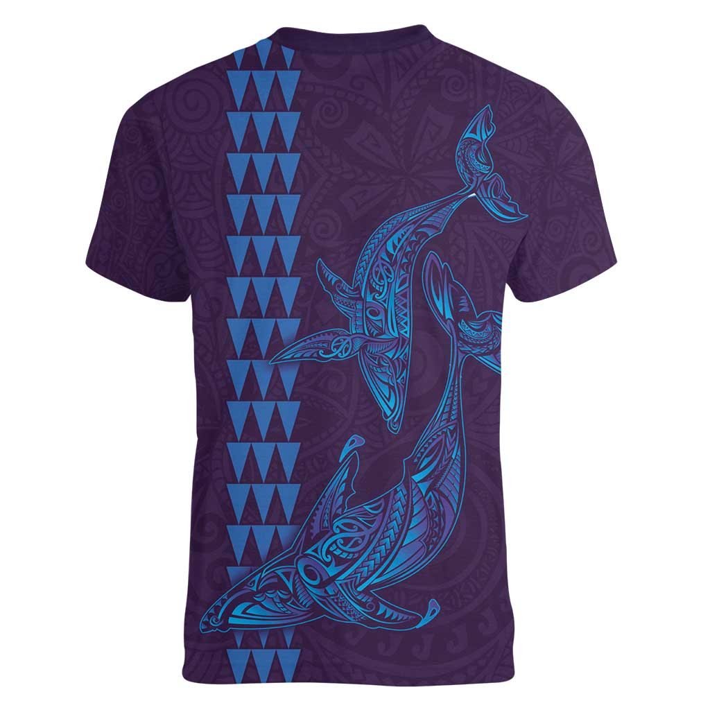 Aloha Hawaii Whale Kakau and Polynesian Tattoo Women V-Neck T-Shirt Purple Color