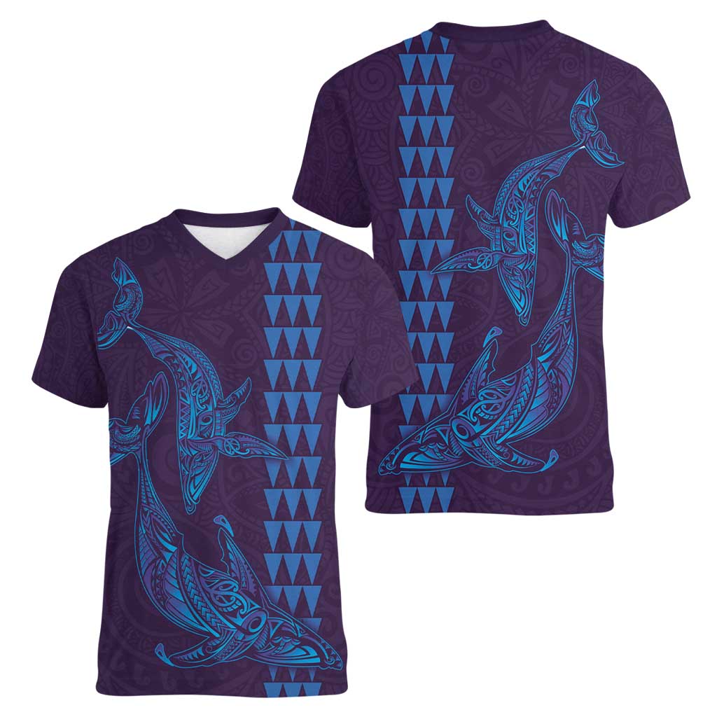 Aloha Hawaii Whale Kakau and Polynesian Tattoo Women V-Neck T-Shirt Purple Color