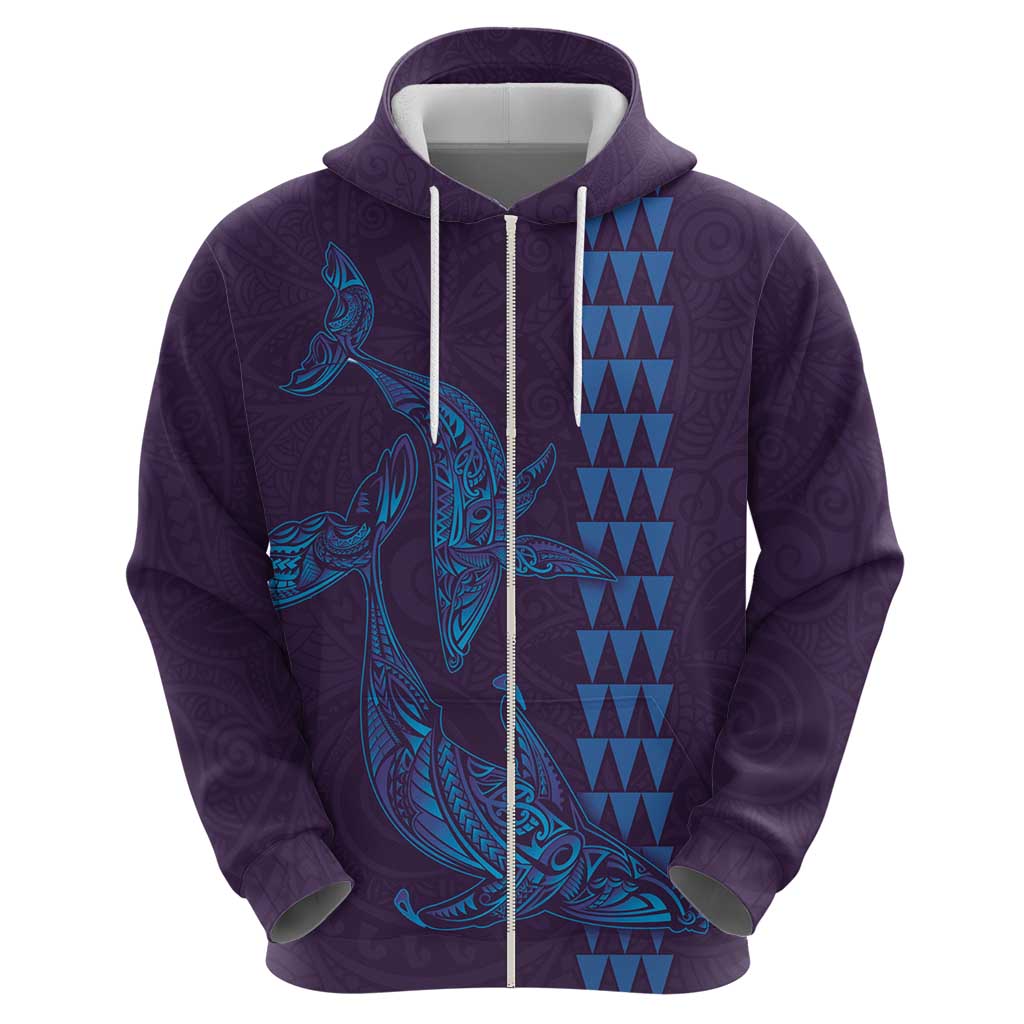 Aloha Hawaii Whale Kakau and Polynesian Tattoo Zip Hoodie Purple Color