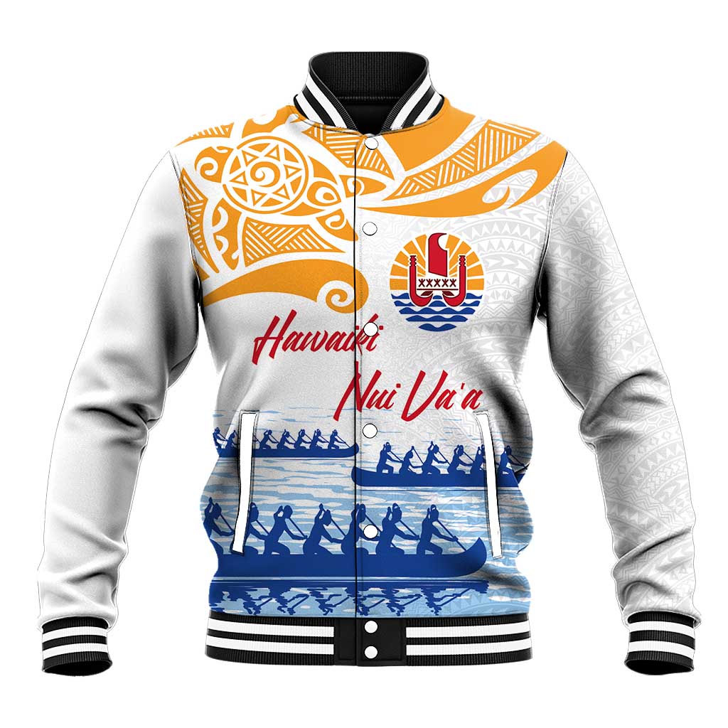 Personalised Hawaiki Nui Va'a French Polynesian Pattern Baseball Jacket White Color LT03 Unisex White - Polynesian Pride