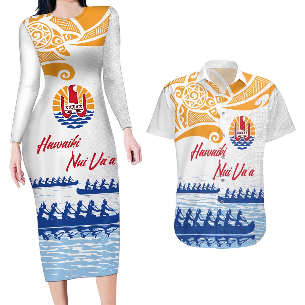 Personalised Hawaiki Nui Va'a French Polynesian Pattern Couples Matching Long Sleeve Bodycon Dress and Hawaiian Shirt White Color