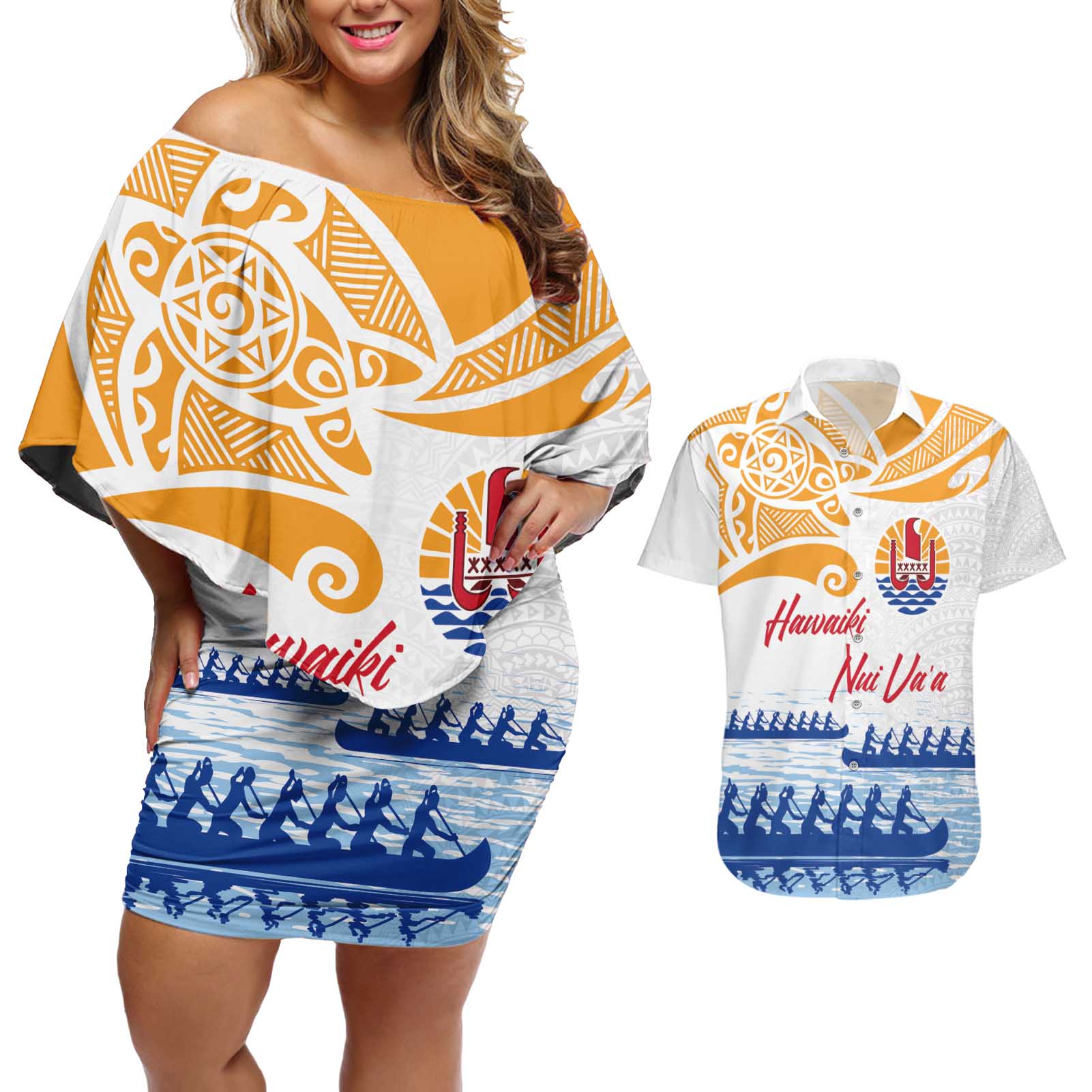 Personalised Hawaiki Nui Va'a French Polynesian Pattern Couples Matching Off Shoulder Short Dress and Hawaiian Shirt White Color