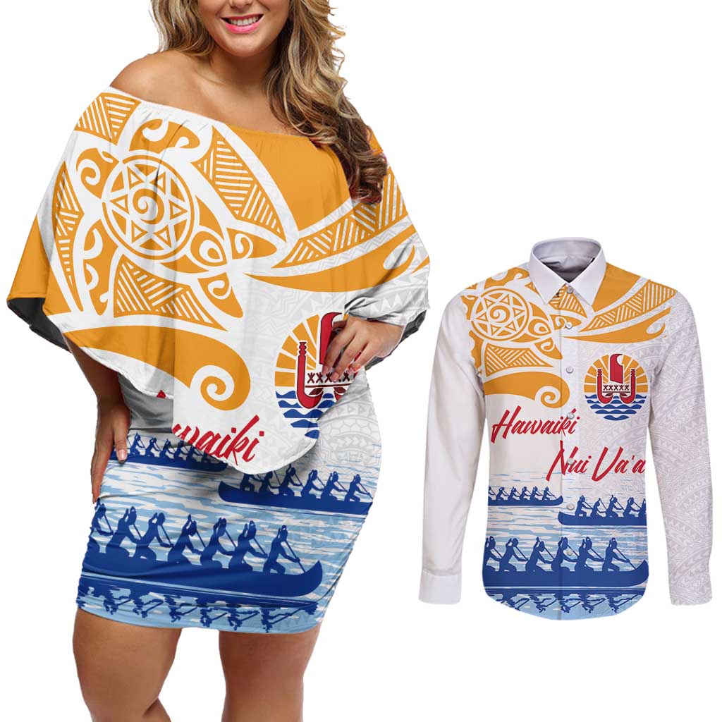 Personalised Hawaiki Nui Va'a French Polynesian Pattern Couples Matching Off Shoulder Short Dress and Long Sleeve Button Shirt White Color