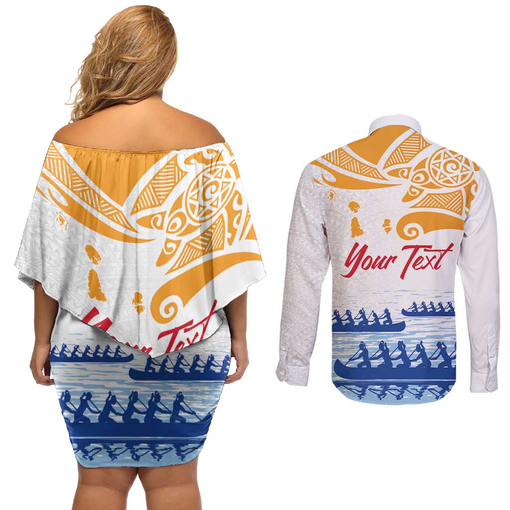 Personalised Hawaiki Nui Va'a French Polynesian Pattern Couples Matching Off Shoulder Short Dress and Long Sleeve Button Shirt White Color LT03 - Polynesian Pride