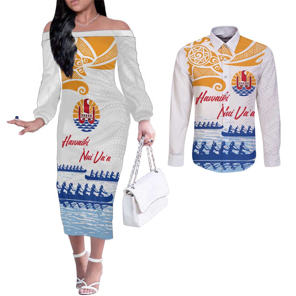 Personalised Hawaiki Nui Va'a French Polynesian Pattern Couples Matching Off The Shoulder Long Sleeve Dress and Long Sleeve Button Shirt White Color LT03 White - Polynesian Pride