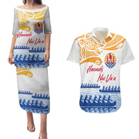 Personalised Hawaiki Nui Va'a French Polynesian Pattern Couples Matching Puletasi and Hawaiian Shirt White Color LT03 White - Polynesian Pride