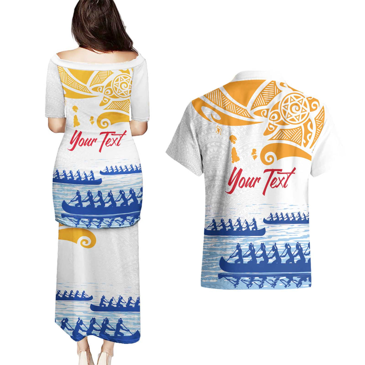 Personalised Hawaiki Nui Va'a French Polynesian Pattern Couples Matching Puletasi and Hawaiian Shirt White Color LT03 - Polynesian Pride