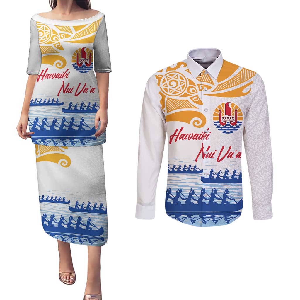 Personalised Hawaiki Nui Va'a French Polynesian Pattern Couples Matching Puletasi and Long Sleeve Button Shirt White Color LT03 White - Polynesian Pride
