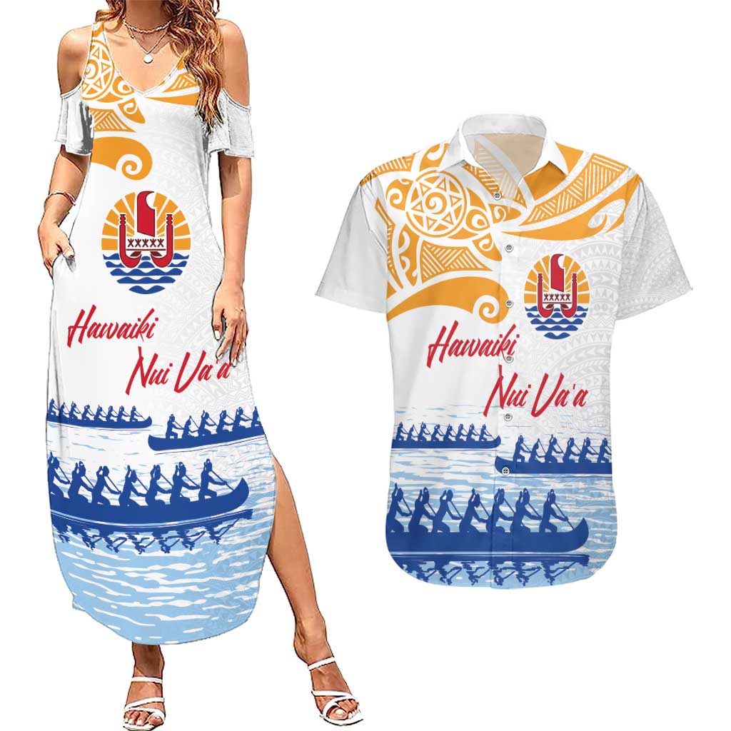 Personalised Hawaiki Nui Va'a French Polynesian Pattern Couples Matching Summer Maxi Dress and Hawaiian Shirt White Color